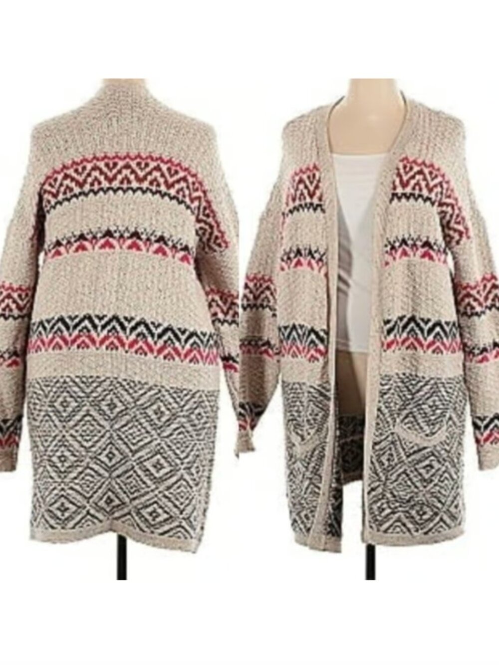 MAURICES Cream Beige Brown Pink Geometric Fair Isle Duster Long Cardigan Sweater